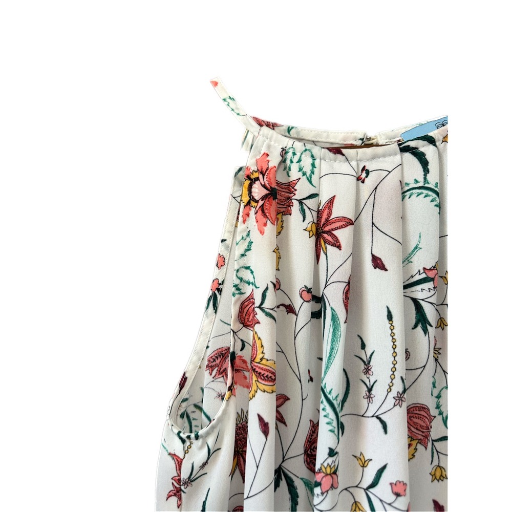 CeCe Floral Halter Neck Blouse Womens XS White‎ Sleeveless Pleated Top Excellent - Picture 2 of 7